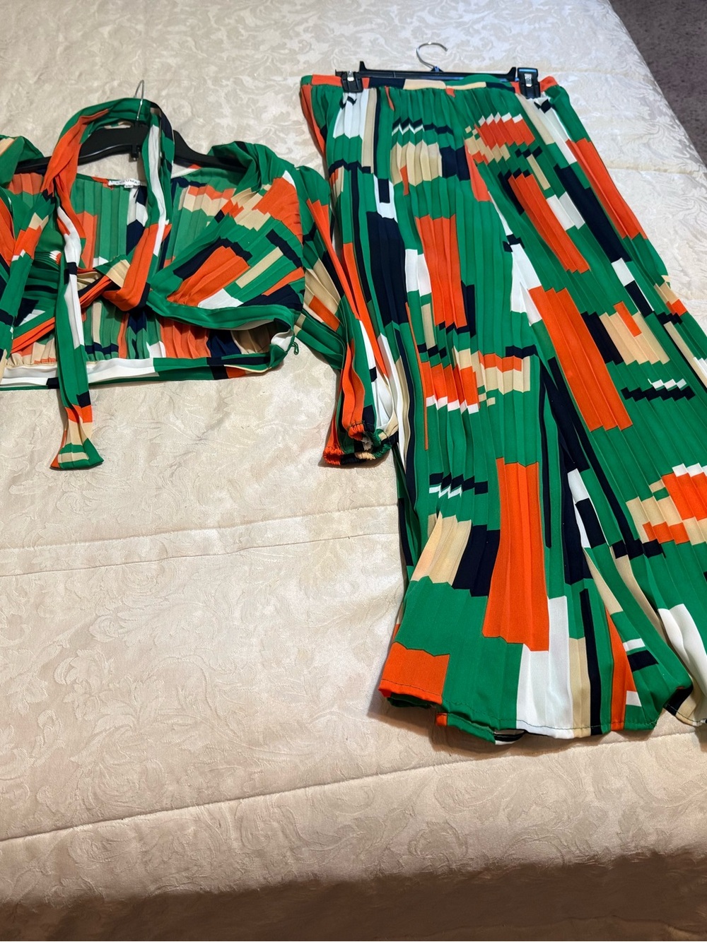 Geo-Block Pleated Maxi Skirt in Green and Orange